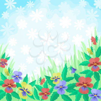 Floral background, colorful pansies flowers in the meadow, and white in the blue sky. Vector eps10, contains transparencies