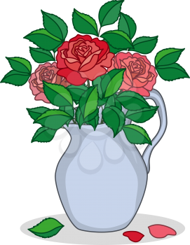 Jug of blue porcelain with three red and pink roses. Vector