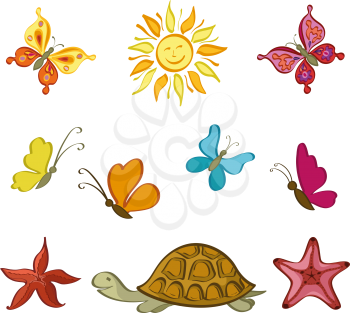 Exotic Cartoon Set, Sun, Butterflies, Sea Turtles and Starfish Isolated on White Background. Vector