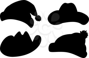 Set hats: Santa Claus, sheriff, musketeer, knitted winter. Black silhouettes on white background. Vector