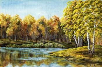 Landscape, picture oil paints on a canvas: autumn lake