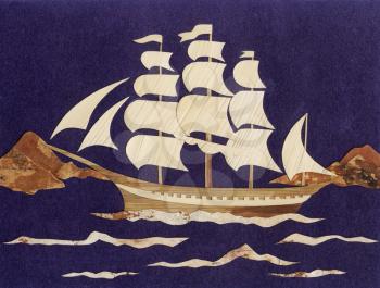 Application: the ship from straws and an underside of a birch bark against from a black velvet