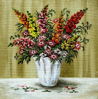 Picture oil paints on a canvas: a bouquet of snapdragon in a white glass