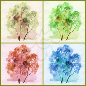 Picture, trees different colours: spring, summer, autumn, winter. Drawing a water colour on a cardboard
