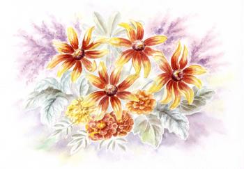 Drawing a water colour on a paper: rudbeckia and marigold flowers