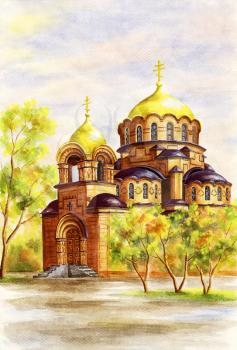 Cathedral in honour of sacred prince Alexander Nevskij, Russia, Novosibirsk. Drawing a pastel on a cardboard