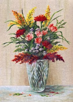 Picture Oil Painting on a Canvas, a Bouquet of Flowers in a Crystal Vase