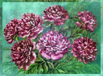Picture, still-life, flowers Peonies bouquet. Hand draw oil paints on a canvas