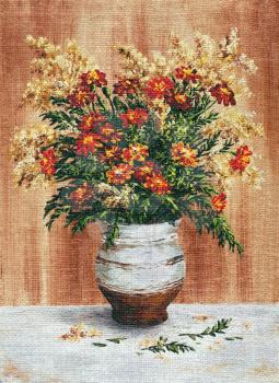 Picture Oil Painting on a Canvas, a Bouquet of Marigold in a Ceramic Pot
