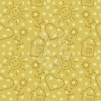 Abstract seamless background, pattern of smiling suns, flowers, houses and hearts from human footprints. Vector