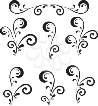 Set abstract floral patterns, black contour on white background. Vector
