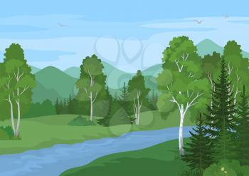 Summer Landscape with Birches, Fir Trees and Flowers, River and Sky with Birds. Vector