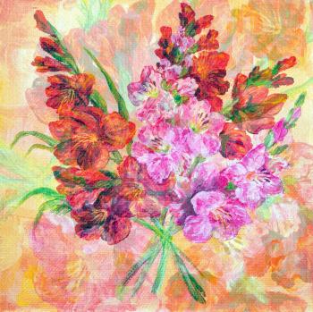 Picture Oil Painting on a Canvas, a Bouquet of Flowers Gladiolus
