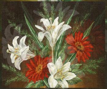 Picture Oil Painting on a Canvas, a Bouquet of Lilies And Red Flowers