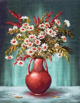 Picture Oil Painting on a Canvas, a Bouquet of Flowers in a Clay Vase