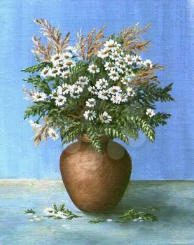Bouquet of camomiles in a clay pot on a dark blue background. Picture oil paints on a canvas