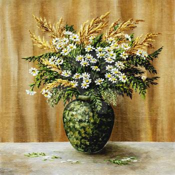 Picture oil paints on a canvas: a bouquet of camomiles in a green clay pot