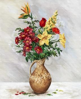 Picture oil paints on a canvas: a bouquet in a ceramic jug