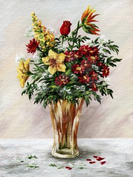 Picture Oil Painting on a Canvas, a Bouquet of Flowers in a Glass Vase