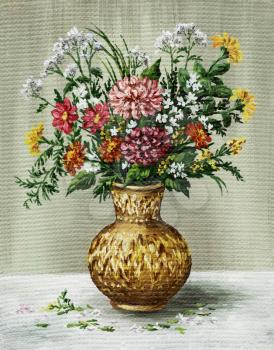 Picture Oil Painting on a Canvas, a Bouquet of Flowers in a African Vase