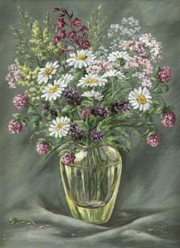 Picture oil paints on a canvas: glass vase with wild flowers
