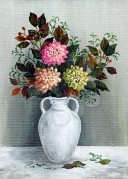 Picture oil paints on a canvas: a bouquet of dahlias in a white jug