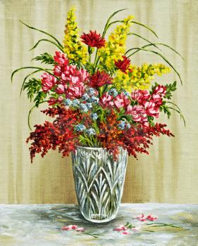 Picture oil paints on a canvas: a bouquet in a crystal vase