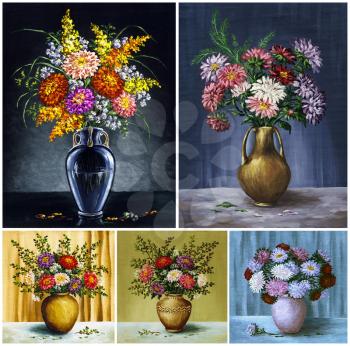 Flowers, asters in a vases. Picture oil paints on a canvas, set
