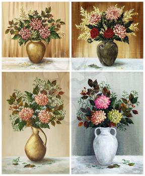 Flowers, dahlias in a vases. Picture oil paints on a canvas, set
