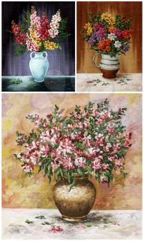 Flowers, freesia in a vases. Picture oil paints on a canvas, set