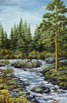 Picture oil paints on a canvas, landscape: the mountain small river. Altai, Russia