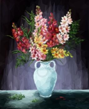 Freesia Flowers Bouquet in Amphora, Low Poly Picture. 