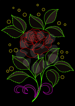 Flower rose with leaves and confetti. Colored silhouettes on black background. Vector