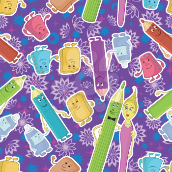 Seamless cartoon background, stationery family: pencils, brushes, tubes, erasers and pencil sharpeners. Vector