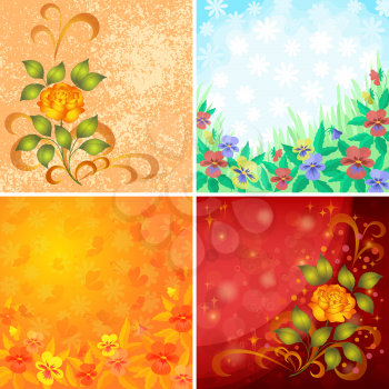Set Abstract Holiday Floral Backgrounds with Flowers Pansies, Roses and Butterflies. Vector Eps10, Contains Transparencies