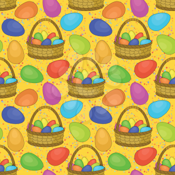 Seamless background, basket with colorful painted chicken Easter eggs. Vector