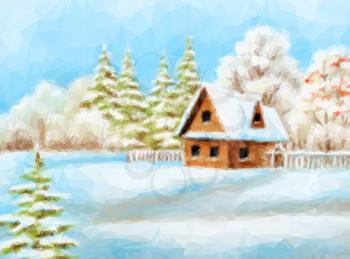 Winter Christmas Landscape, Rustic House on Snowy Forest Edge, Low Poly. 