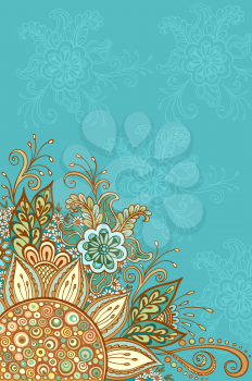 Abstract Background, Floral Ornament, Colorful and Outline Contour Pattern, Symbolic Flowers and Leafs. Vector