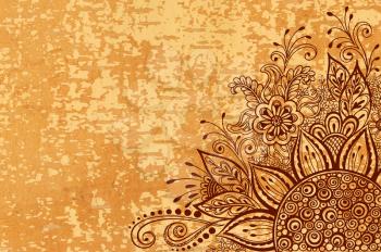 Calligraphic Vintage Pattern, Symbolic Flowers and Leafs, Abstract Floral Outline Ornament, Brown Contours on Wood Texture, Underside Fallow Birch Bark