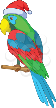 Christmas cartoon, parrot in Santa Claus hat sits on a wooden pole, vector