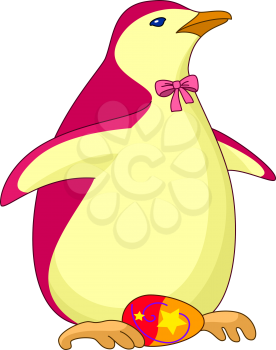 Cartoon colour antarctic penguin in a tie-butterfly with colour Easter egg. Vector