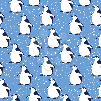 Seamless pattern, cartoon Antarctic penguins on a blue background with snowflakes. Vector