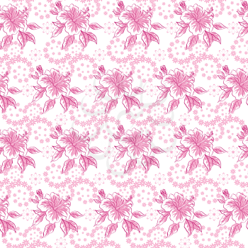 Seamless floral background, hibiscus flowers, pink contours on white. Vector