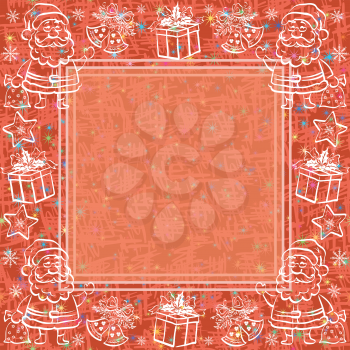 Holiday Christmas background with contour Santa Claus, bells, boxes and frame. Eps10, contains transparencies. Vector