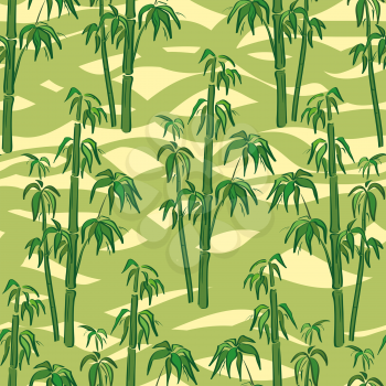 Seamless Floral Pattern, Exotic Landscape, Green Bamboo Plants on Abstract Tile Background. Vector