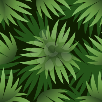 Seamless Floral Pattern, Green Leaves Exotic Plants and Silhouettes on Black Tile Background. Vector