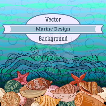 Sea Exotic Pattern, Seashells, Starfish Colorful and Contours on a Blue and Green Wave Background. Vector