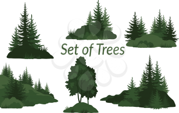 Set Landscapes, Isolated on White Background Green Silhouettes Coniferous and Deciduous Trees and Grass on the Rocks. Vector
