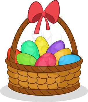 Holiday Easter Wattled Basket with Colorful Painted Chicken Eggs and Red Bow on the Handle. Vector