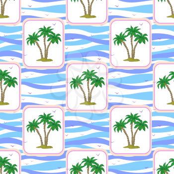 Seamless Pattern, Exotic Landscape, Isolated Green Tropical Palm Trees and Birds Gulls in Rectangles on Tile White and Blue Ocean Wave Background. Vector